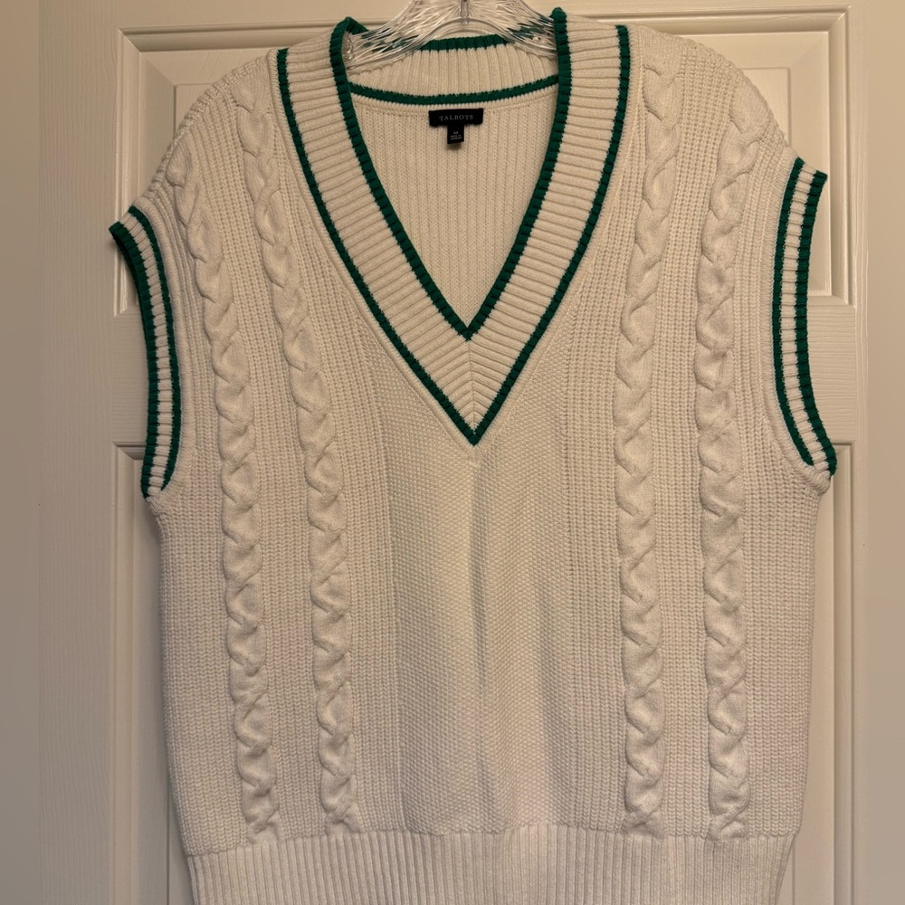 Talbots White and Green V-Neck Sweater Vest
